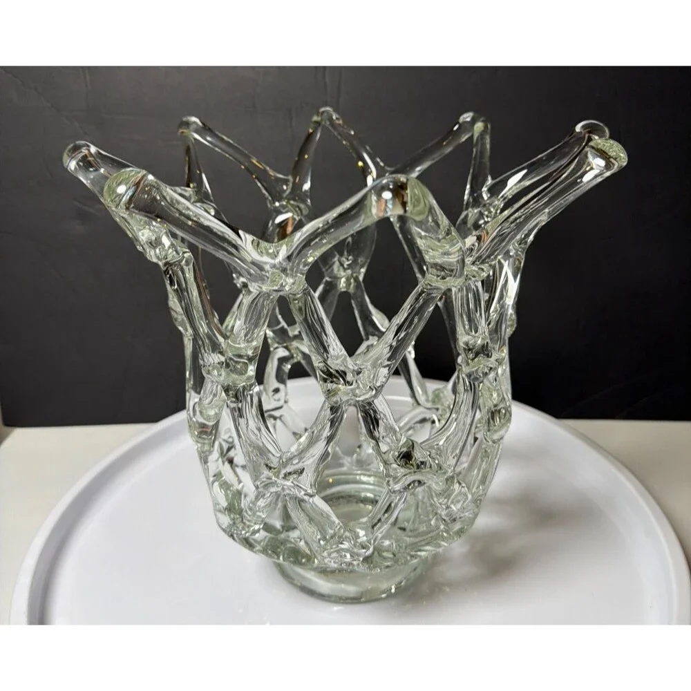 IMAX Large Clear Art Glass Openwork Web Coral Sculpture Vase 11.5